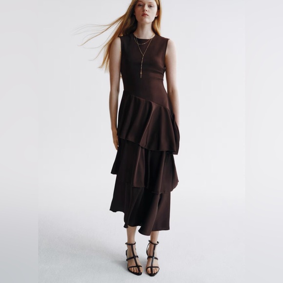 H&M Dresses & Skirts - H&M Brown Ponte Dress Knit Top Layered Satin Frills  Size L NWT